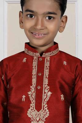 Maroon embroidered art silk boys-kurta-pyjama 2