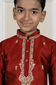 Maroon embroidered art silk boys-kurta-pyjama