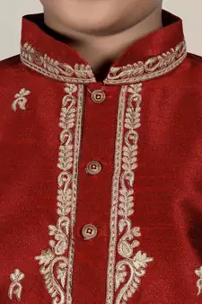 Maroon embroidered art silk boys-kurta-pyjama