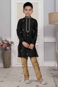 Black embroidered art silk boys-kurta-pyjama