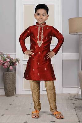 Maroon embroidered art silk boys-kurta-pyjama 4