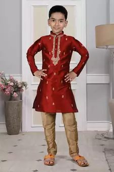 Maroon embroidered art silk boys-kurta-pyjama