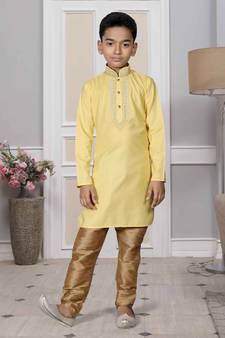 Yellow embroidered cotton boys-kurta-pyjama