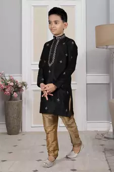 Black embroidered art silk boys-kurta-pyjama