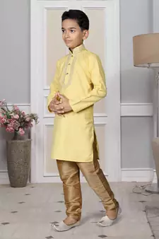 Yellow embroidered cotton boys-kurta-pyjama