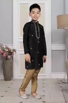 Black embroidered art silk boys-kurta-pyjama