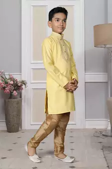 Yellow embroidered cotton boys-kurta-pyjama