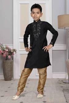 Black embroidered art silk boys-kurta-pyjama