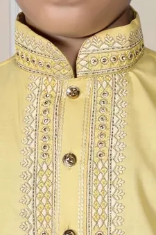 Yellow embroidered cotton boys-kurta-pyjama