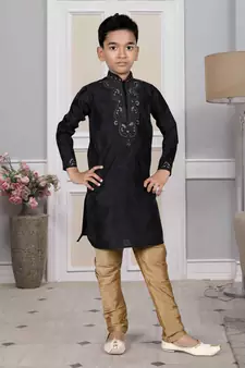 Black embroidered art silk boys-kurta-pyjama