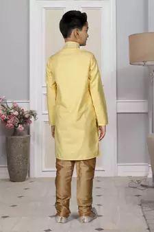 Yellow embroidered cotton boys-kurta-pyjama