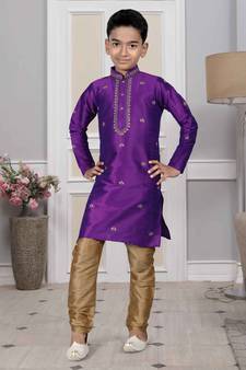 Purple embroidered art silk boys-kurta-pyjama