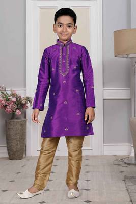 Purple embroidered art silk boys-kurta-pyjama 2