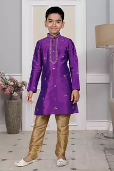 Purple embroidered art silk boys-kurta-pyjama