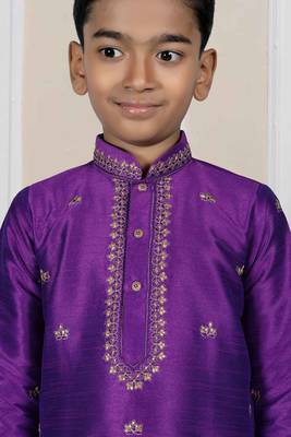 Purple embroidered art silk boys-kurta-pyjama 3