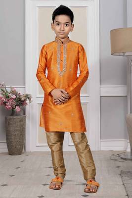 Orange embroidered art silk boys-kurta-pyjama 1