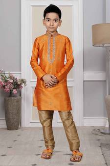 Orange embroidered art silk boys-kurta-pyjama