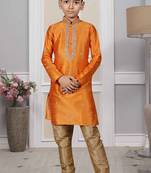 Orange embroidered art silk boys-kurta-pyjama