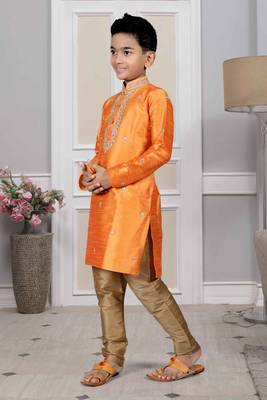 Orange embroidered art silk boys-kurta-pyjama 2