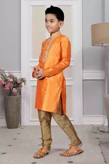 Orange embroidered art silk boys-kurta-pyjama