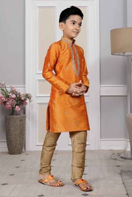 Orange embroidered art silk boys-kurta-pyjama 3