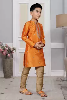 Orange embroidered art silk boys-kurta-pyjama