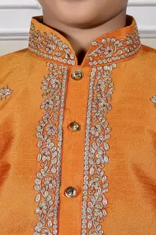 Orange embroidered art silk boys-kurta-pyjama