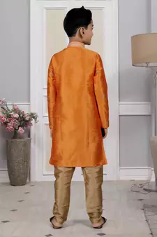 Orange embroidered art silk boys-kurta-pyjama