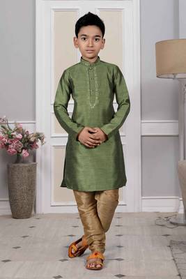 Green embroidered art silk boys-kurta-pyjama 1