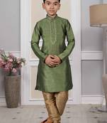 Green embroidered art silk boys-kurta-pyjama