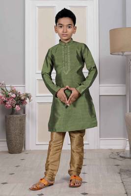 Green embroidered art silk boys-kurta-pyjama 2