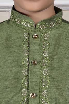 Green embroidered art silk boys-kurta-pyjama 3