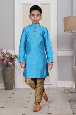Blue embroidered art silk boys-kurta-pyjama 1