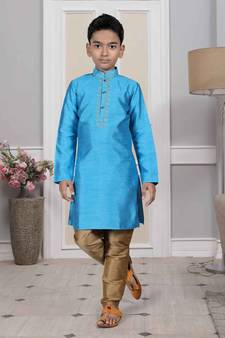 Blue embroidered art silk boys-kurta-pyjama