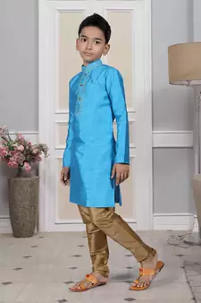 Blue embroidered art silk boys-kurta-pyjama