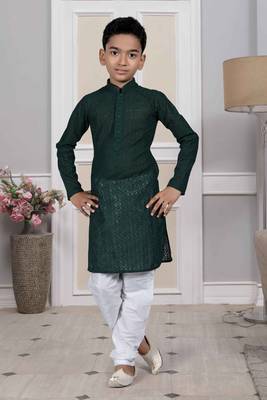 Green embroidered silk boys-kurta-pyjama 1
