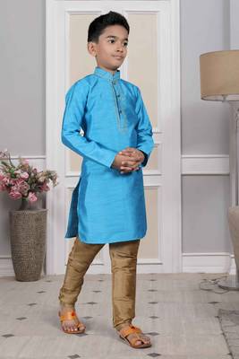 Blue embroidered art silk boys-kurta-pyjama 4