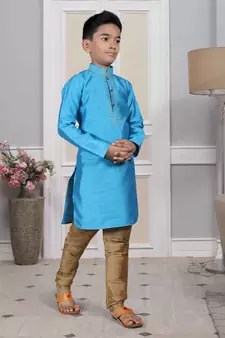 Blue embroidered art silk boys-kurta-pyjama