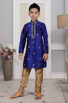 Blue embroidered art silk boys-kurta-pyjama