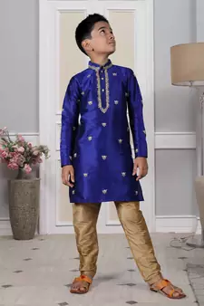 Blue embroidered art silk boys-kurta-pyjama