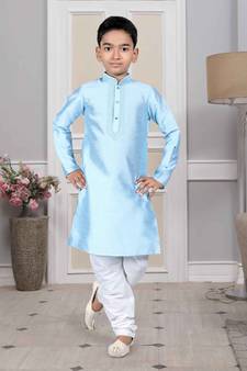 Blue embroidered art silk boys-kurta-pyjama