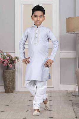 Grey embroidered cotton boys-kurta-pyjama 1