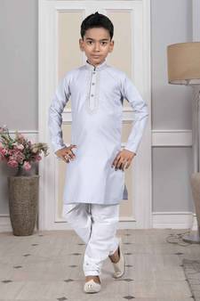 Grey embroidered cotton boys-kurta-pyjama