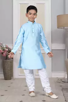 Blue embroidered art silk boys-kurta-pyjama