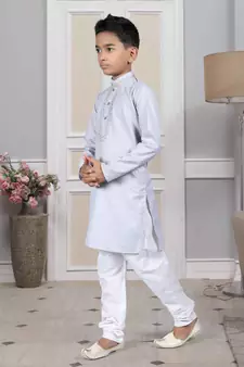 Grey embroidered cotton boys-kurta-pyjama