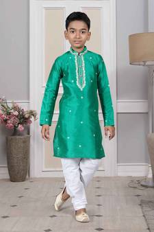 Green embroidered art silk boys-kurta-pyjama