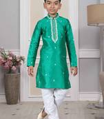 Green embroidered art silk boys-kurta-pyjama