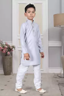 Grey embroidered cotton boys-kurta-pyjama