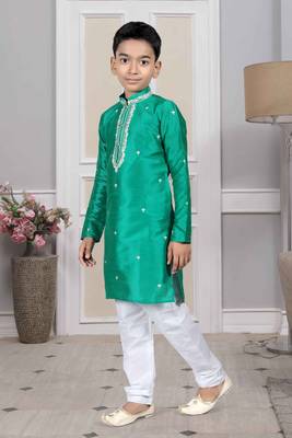 Green embroidered art silk boys-kurta-pyjama 2