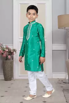 Green embroidered art silk boys-kurta-pyjama